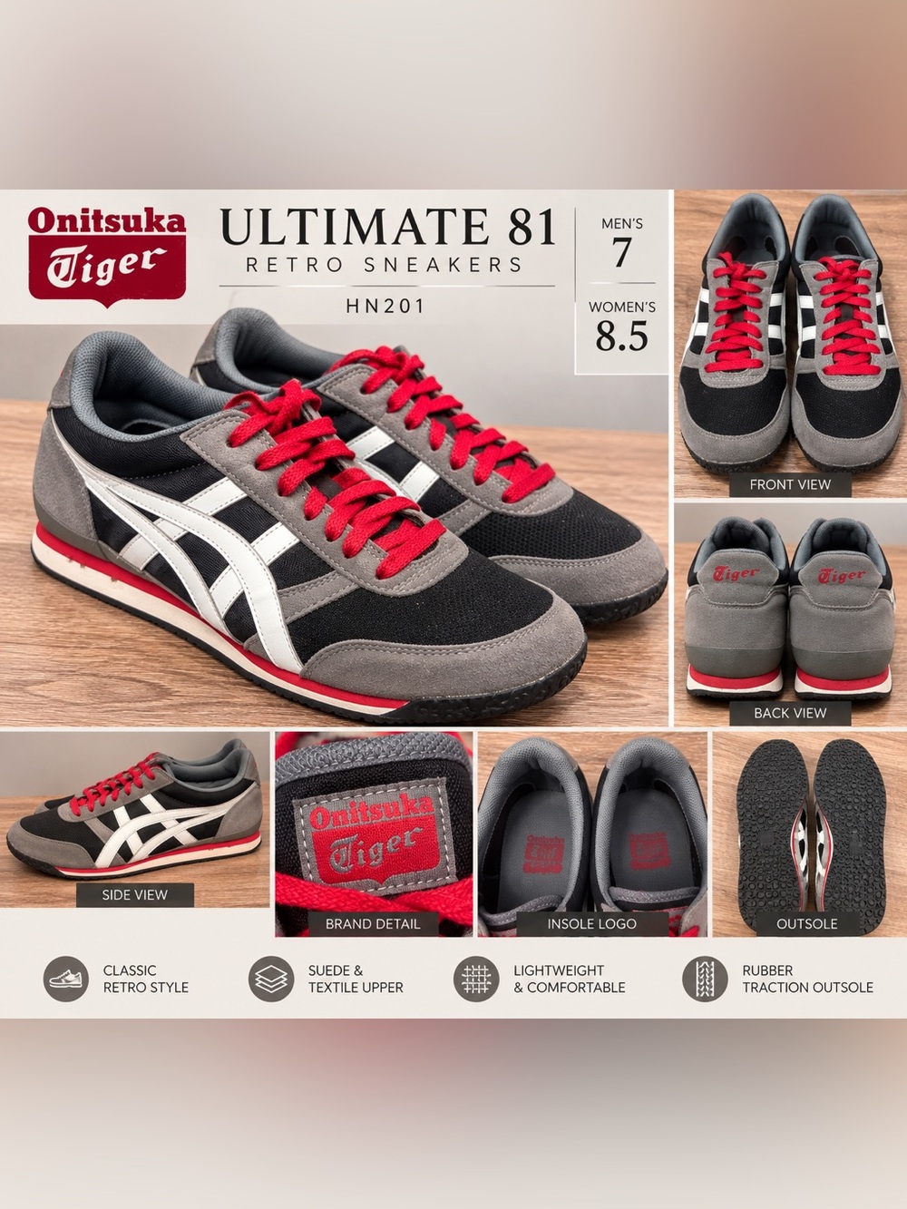 Onitsuka Tiger Ultimate 81 HN201 Retro Sneakers Men’s 7 Women’s 8.5 Gray Black